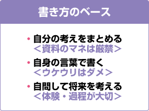 書き方のベース ・自分の考えをまとめる＜資料のマネは厳禁＞ ・自身の言葉で書く＜ウケウリはダメ＞ ・自問して将来を考える＜体験・過程が大切＞